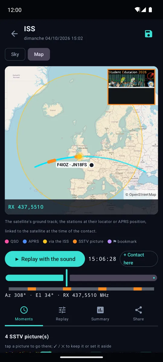 The same ISS pass on the map, the footprint over Europe