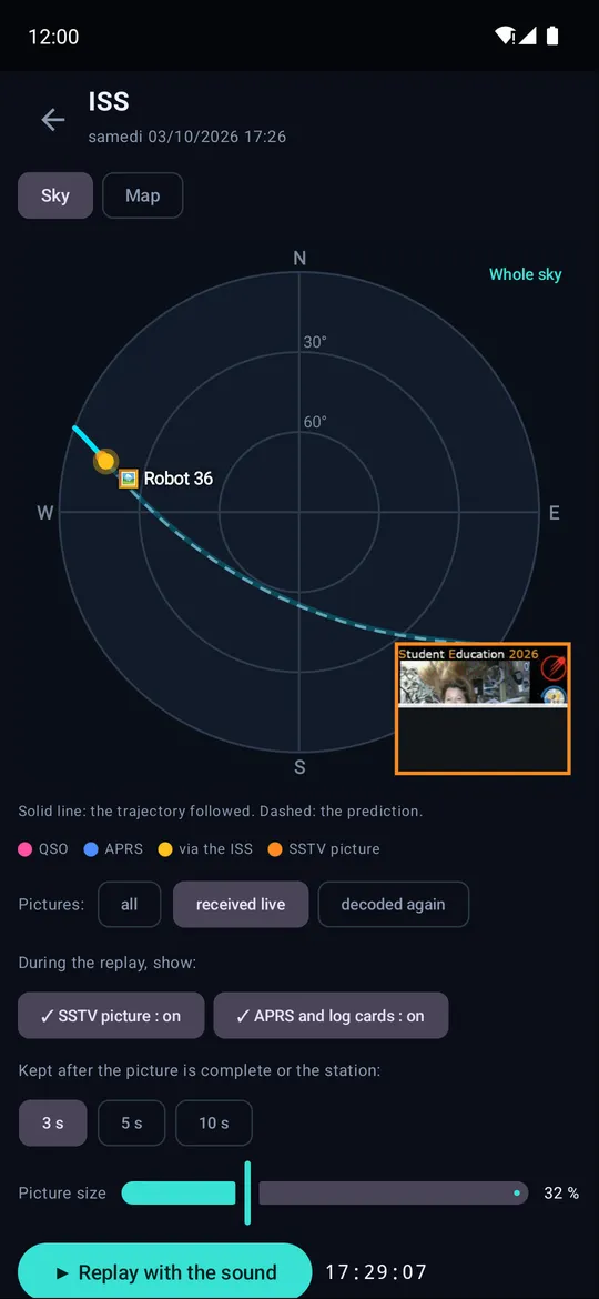 Pass journal: the sky, an SSTV picture arriving