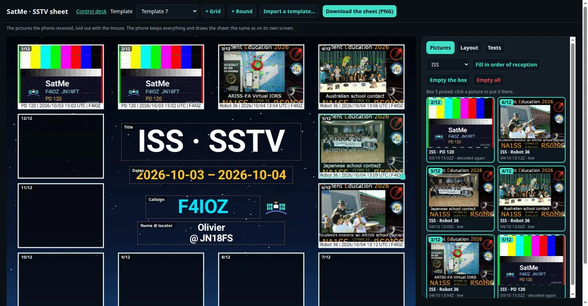 The SSTV sheet on the PC: the template large, the ISS pictures to drag in
