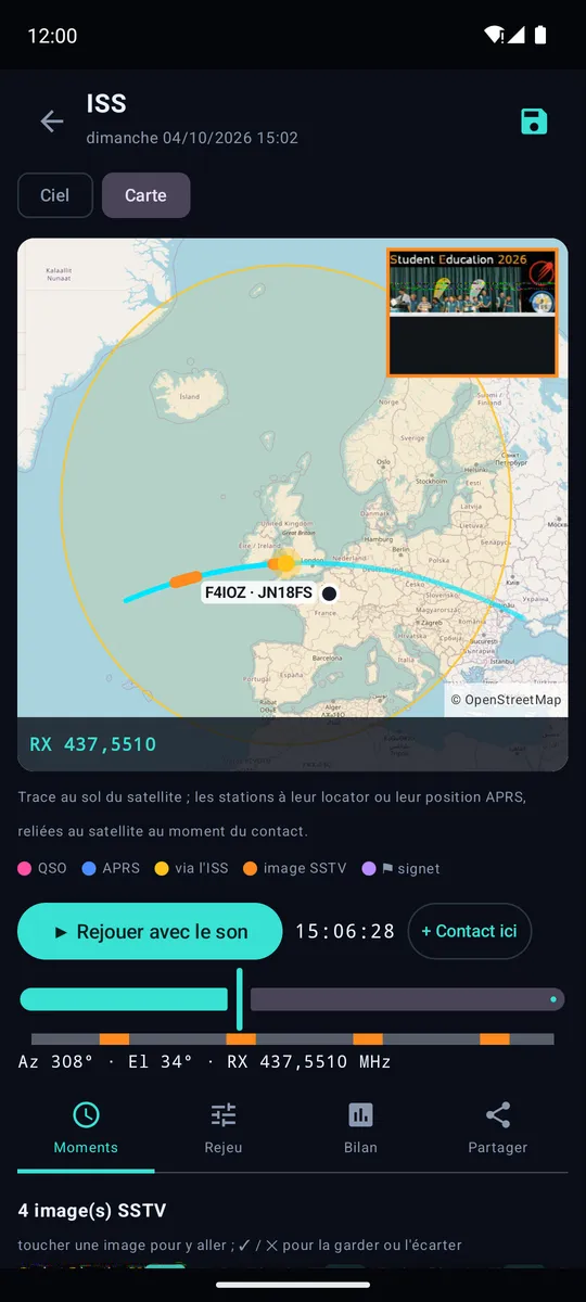 Le même passage de l'ISS sur la carte, l'empreinte sur l'Europe