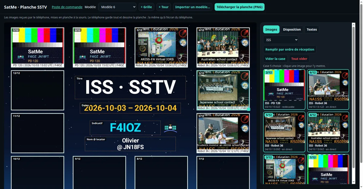 La planche SSTV sur le PC : le modèle en grand, les images de l'ISS à glisser
