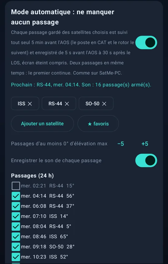 Le mode automatique sur le téléphone : les satellites choisis, 16 passages armés