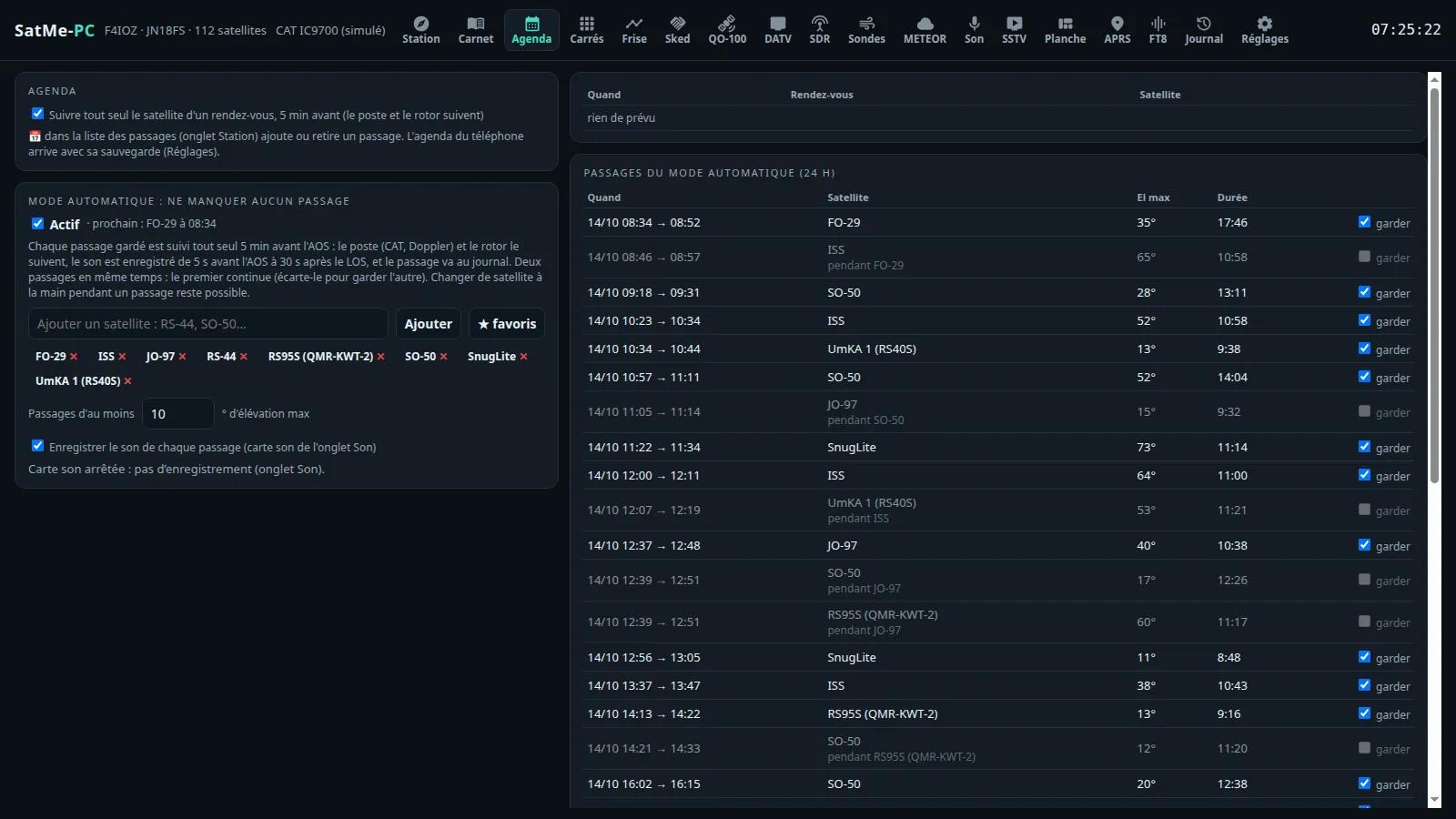 The automatic mode: the satellites chosen, the 24 h passes to keep or set aside