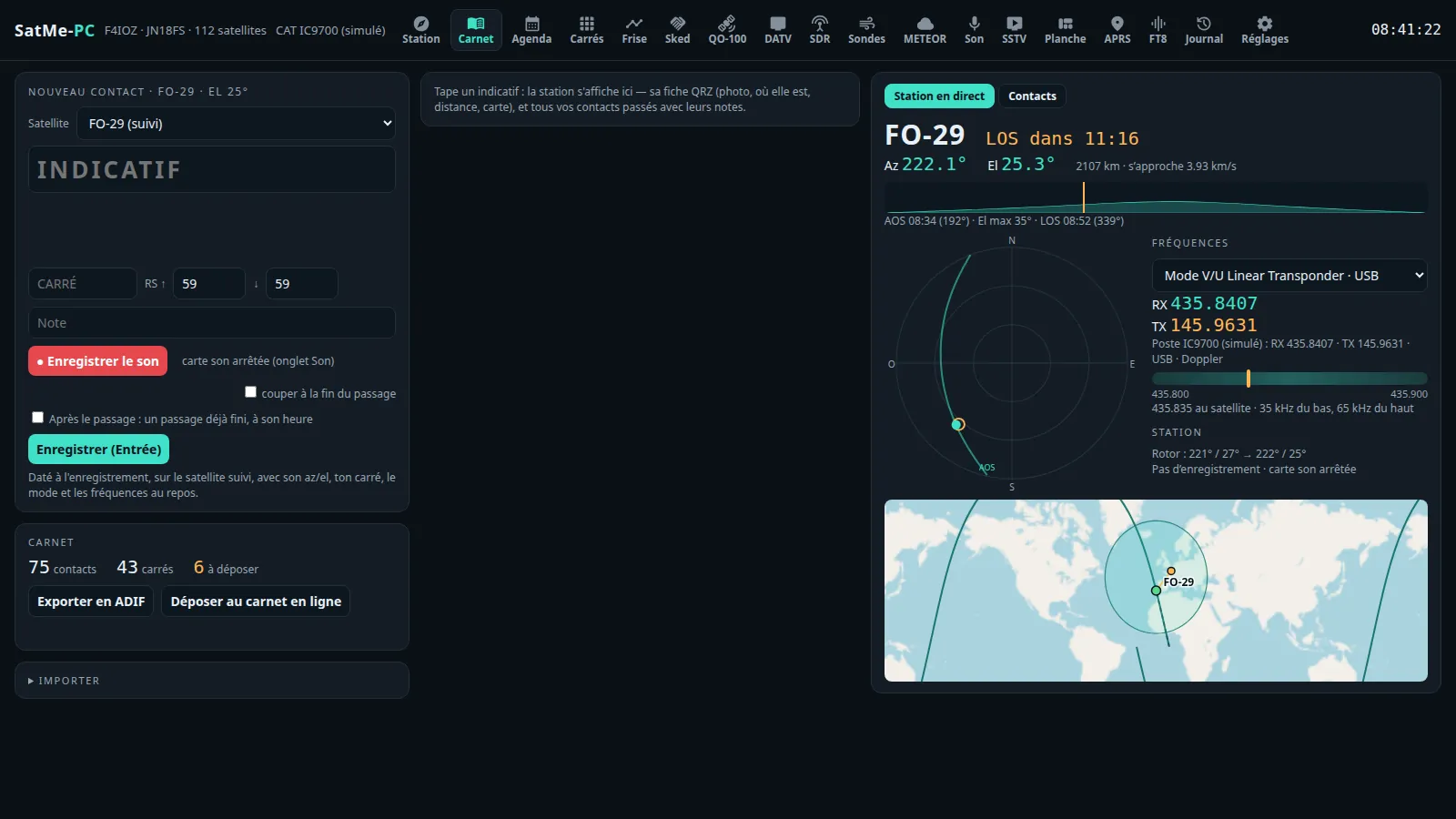 SatMe-PC log: a new contact, and beside it the station live, where you are in the passband
