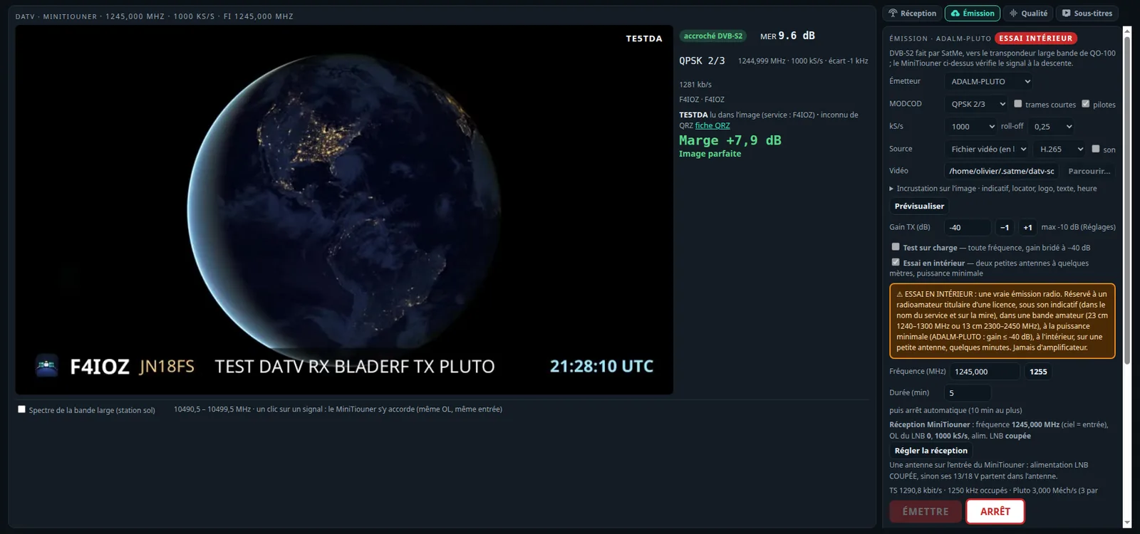 SatMe-PC, DATV transmission: an indoor test with the ADALM-PLUTO, QPSK 2/3, a looped video, the indoor-test warning