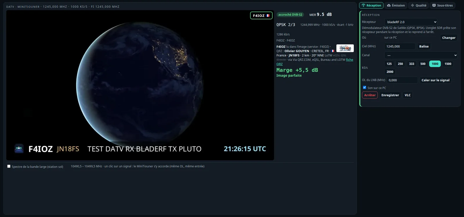 SatMe-PC, DATV: an indoor test at 23 cm, ADALM-PLUTO transmitting and bladeRF 2.0 receiving with SatMe's own DVB-S2 demodulator