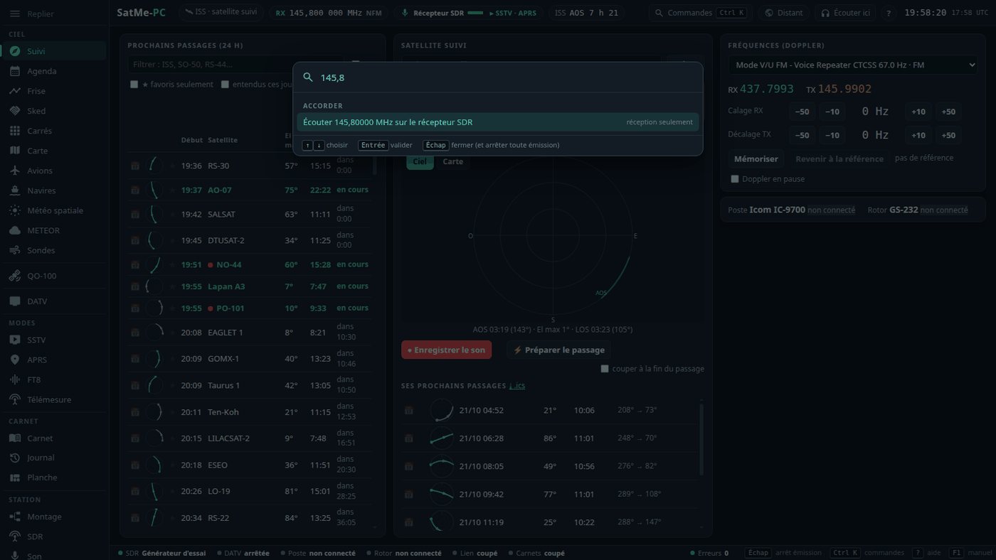 SatMe-PC: the workspaces rail, the header strip, the status bar, and the Ctrl+K palette offering to listen to 145.800 MHz on the SDR receiver