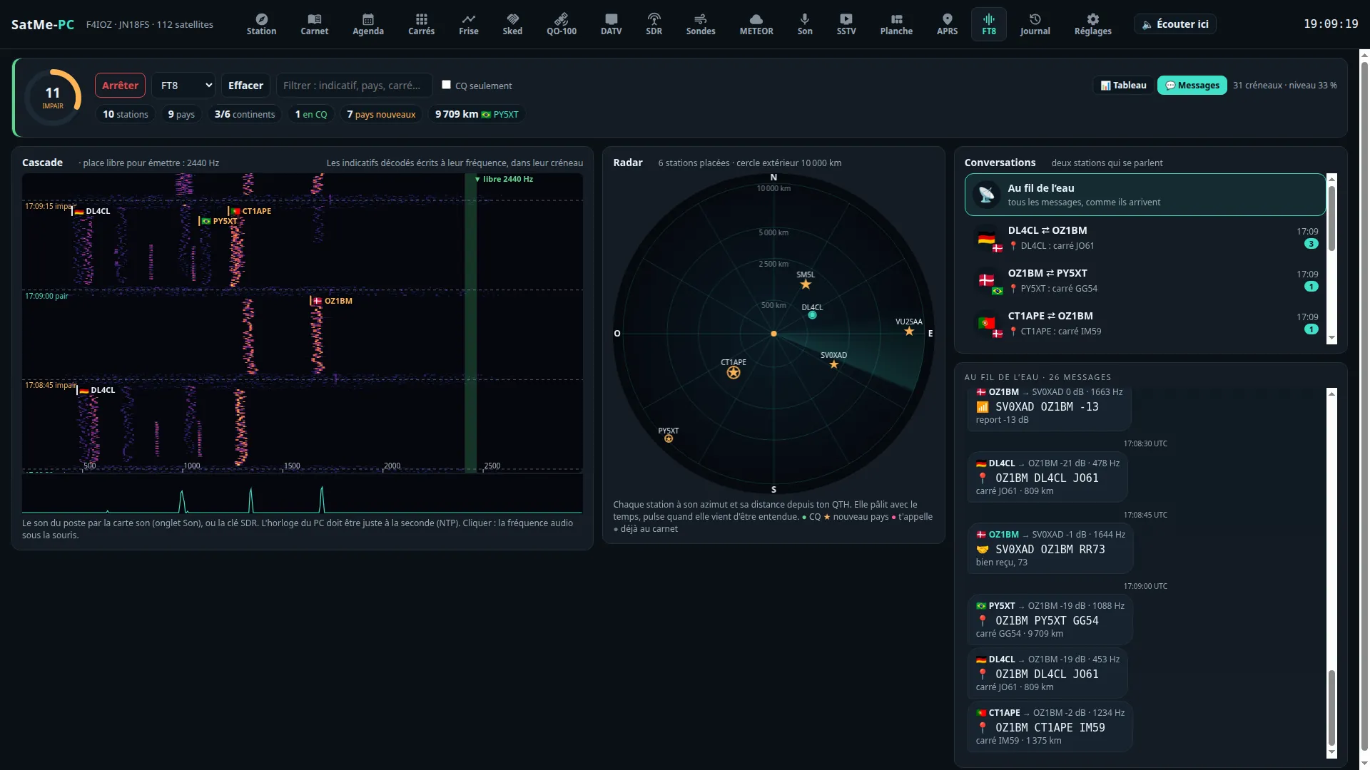FT8, les messages : les conversations entre deux stations, et le fil au fil de l'eau en bulles