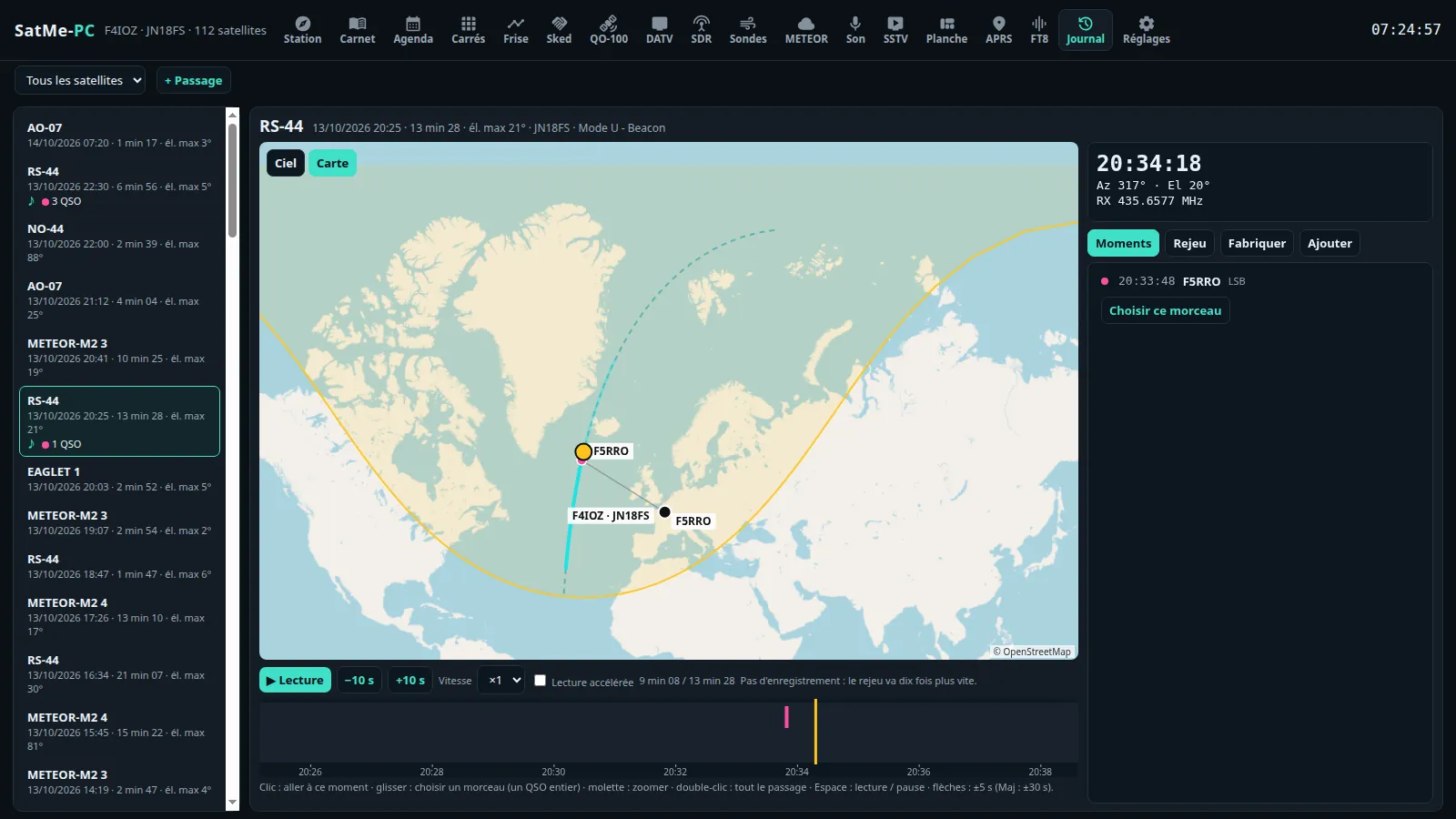 Journal: RS-44 replayed on the map, the predicted track dashed, the footprint, F5RRO in its place on the track and at its locator