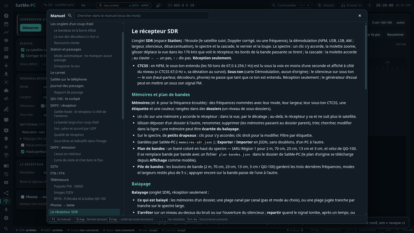 Le manuel intégré (F1) ouvert sur le chapitre du récepteur SDR : le sommaire à gauche, la recherche en haut