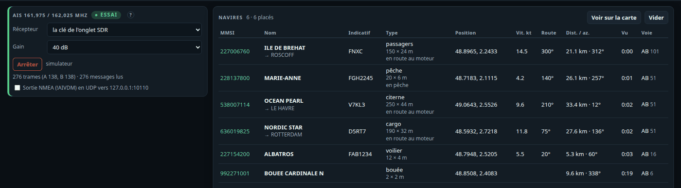 Onglet Navires en essai : six navires simulés avec MMSI, nom, destination, indicatif, type, position, vitesse, route et distance