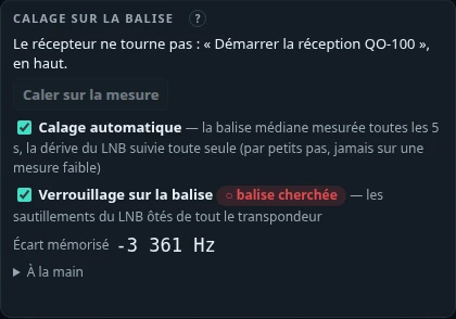 Cockpit QO-100, sous-onglet Calage : le calage automatique et le verrouillage sur la balise cochés, « balise cherchée » tant que le récepteur ne tourne pas, l'écart mémorisé