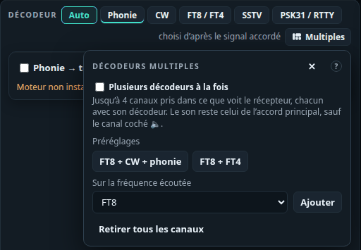 Cockpit QO-100 : le menu Décodeurs multiples, jusqu'à quatre canaux, les préréglages FT8 + CW + phonie et FT8 + FT4