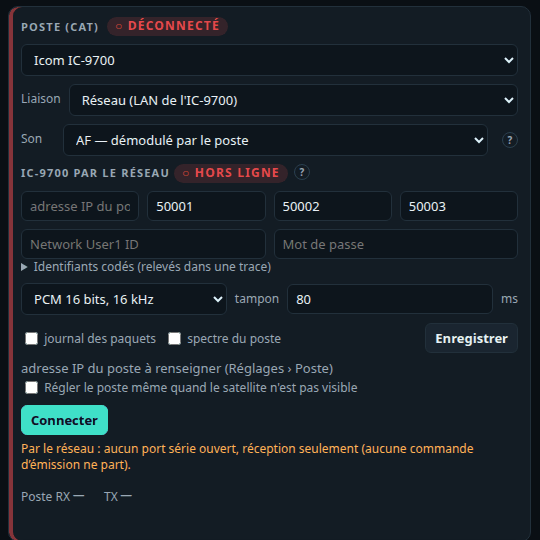 Réglages, Poste : l'IC-9700 par le réseau — liaison réseau, son AF, adresse et ports 50001 à 50003, identifiant et mot de passe (vides ici), identifiants codés, son PCM 16 bits 16 kHz, tampon 80 ms