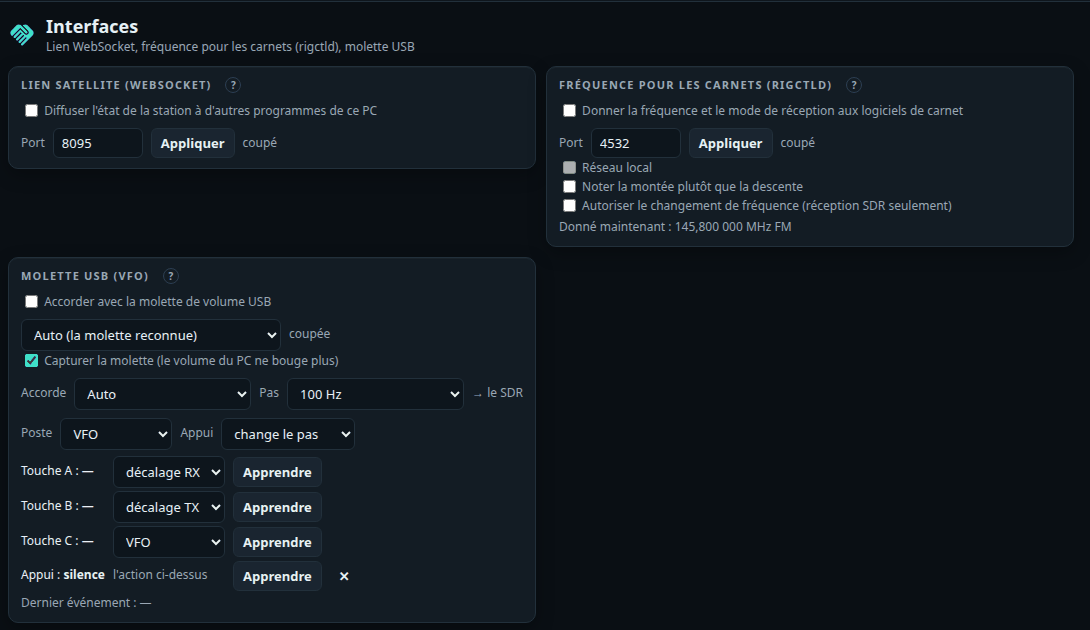Réglages, Interfaces : le lien satellite (WebSocket, port 8095), la fréquence pour les carnets (rigctld, port 4532, réseau local, montée, changement de fréquence), la molette USB (cible, pas, appui, touches A B C)