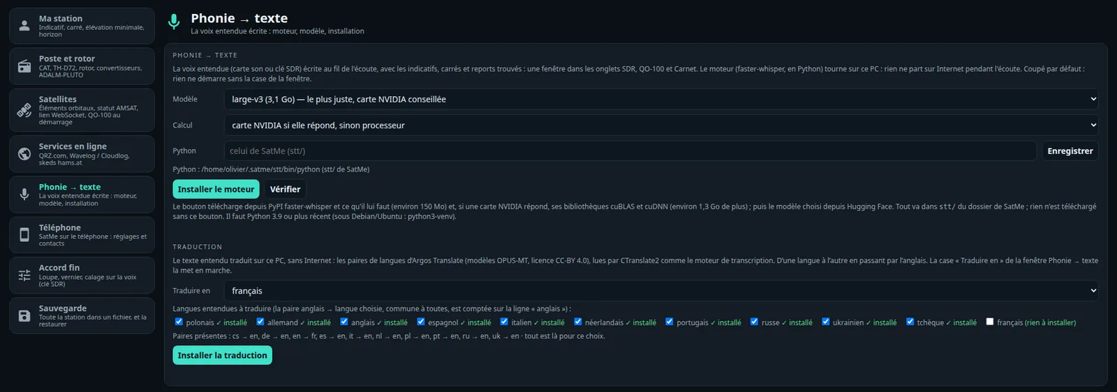 Réglages, Phonie → texte : le modèle (large-v3), carte NVIDIA ou processeur, le moteur installé, la traduction sans Internet vers le français avec dix langues installées