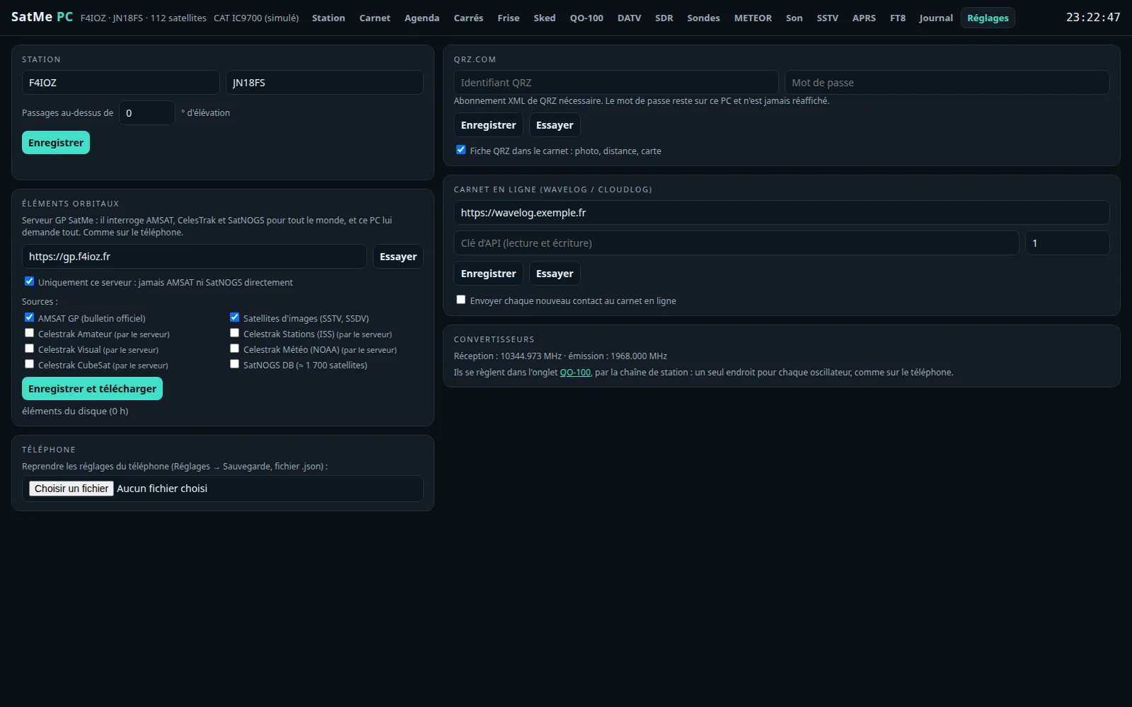 Réglages : éléments orbitaux (serveur, sources), QRZ.com, carnet en ligne avec l'envoi automatique
