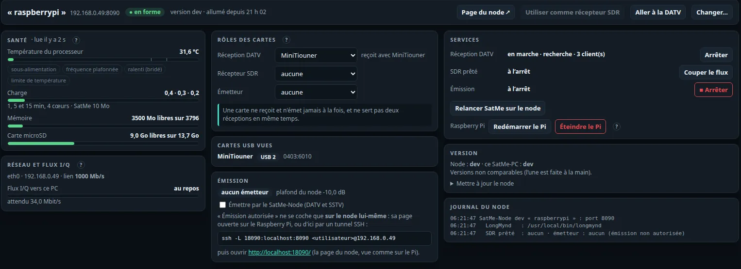 Station › SatMe-Node, a real node: the Pi's health, network and I/Q stream, board roles, USB boards seen, transmission (not allowed), services with restart and power off, version, the node's log