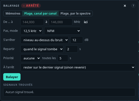 Le menu Balayage : mémoires, plage canal par canal ou par le spectre, pas et mode, seuil, reprise, canal prioritaire, et à l'arrêt rester sur le signal ou revenir
