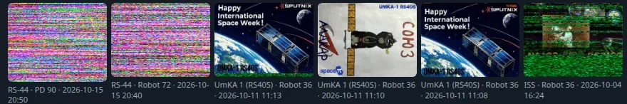SSTV, sous-onglet Images : les images de RS-44, d'UmKA-1 et de l'ISS, chacune avec son satellite, son mode et son heure