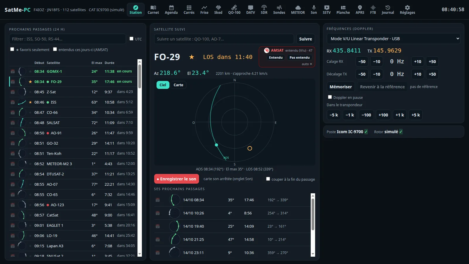 SatMe-PC, Station: the next passes, the satellite followed on the sky, the AMSAT box, Doppler-corrected frequencies, the rig and the rotator with their green tick