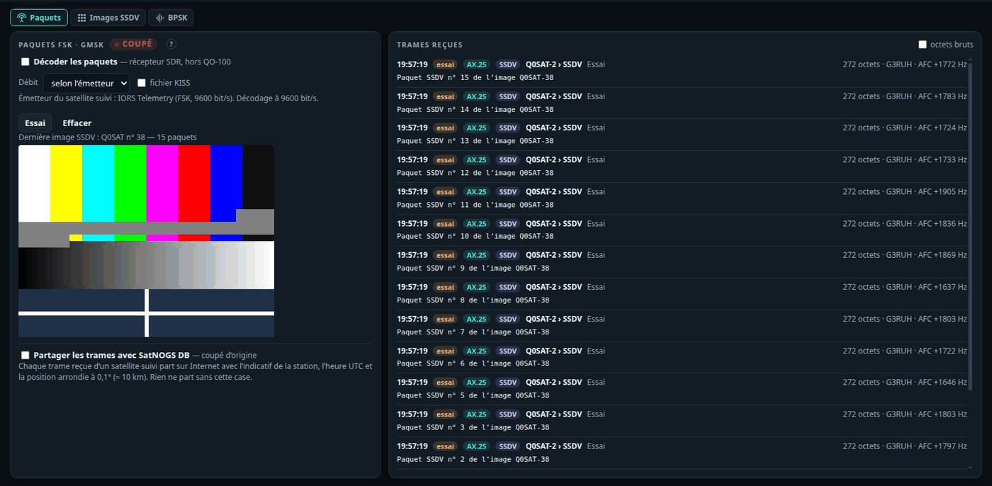 Telemetry: 9600 bit/s AX.25 frames from a test and the SSDV picture rebuilt