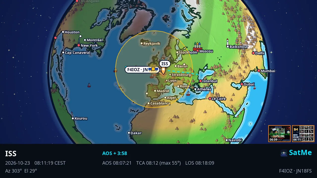 A frame of an exported 16:9 video: the ISS over Europe on the cartoon globe, its footprint, two SSTV thumbnails, and the compact caption band with the satellite, AOS + 3:58, AOS, TCA and LOS, and the station