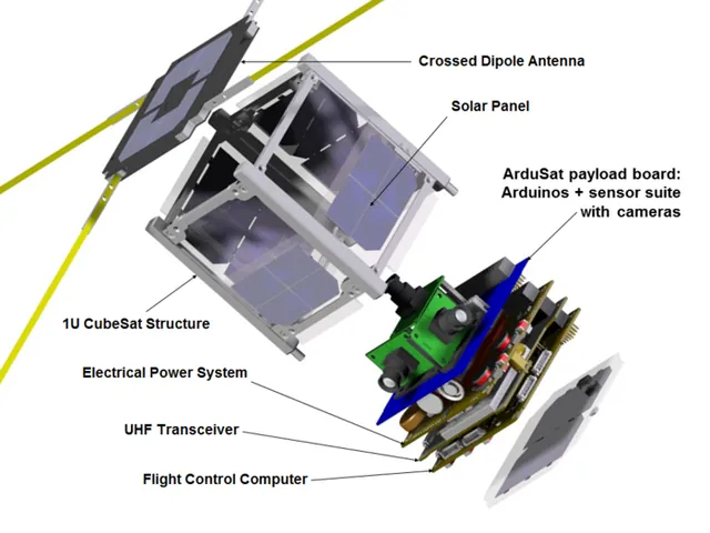 Vue éclatée d'ArduSat : structure, énergie, radio UHF, ordinateur, cartes Arduino.