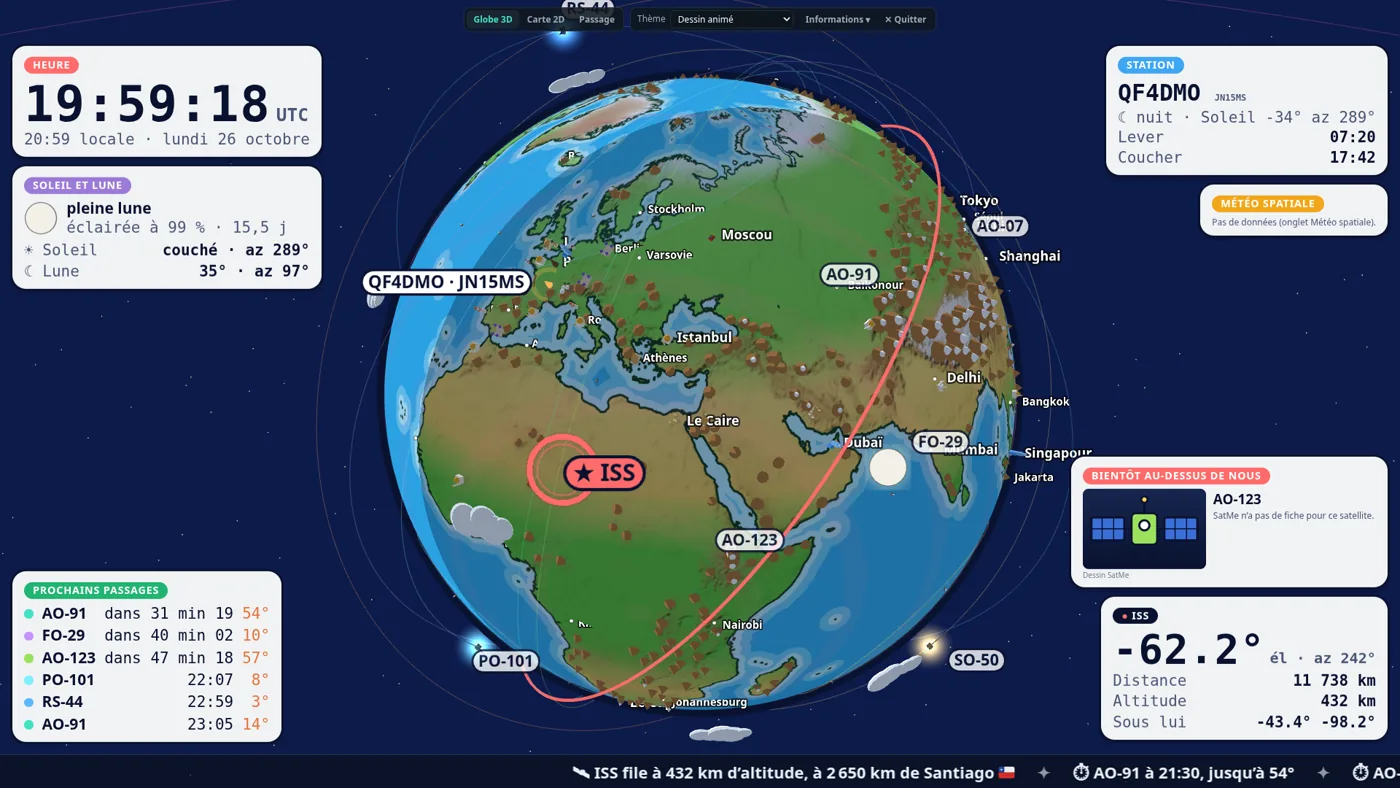 Orbits full screen, Cartoon theme: the globe with the ISS and its orbit, the time, the Sun and the Moon, the next passes