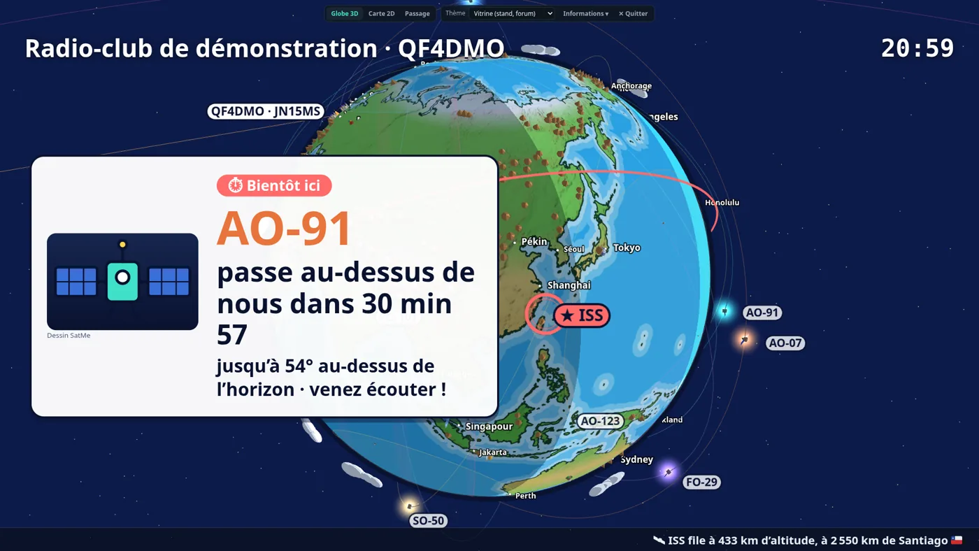 Showcase theme: a card announces that AO-91 passes over the station in 30 minutes