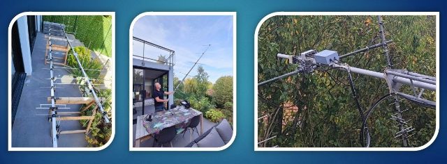 The build: the crossed antennas assembled on the terrace, putting them up, the boxes on the boom